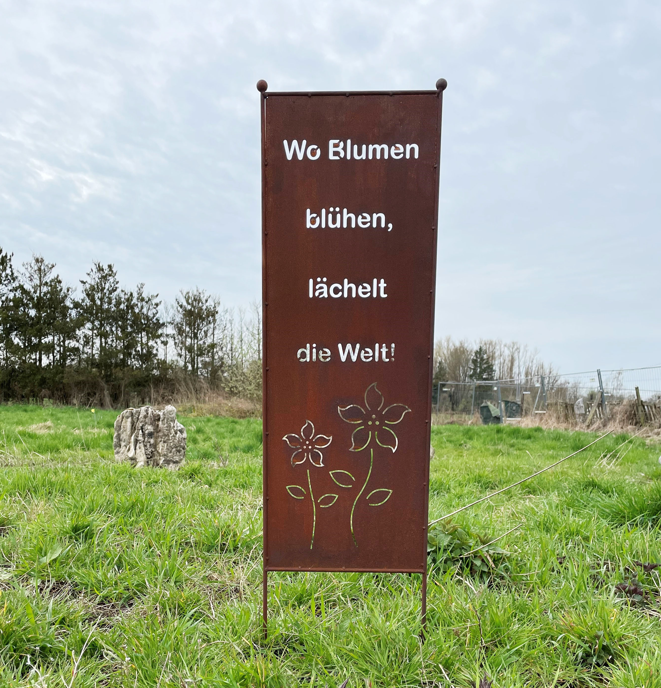 Tafel Schild Spruch Blumen 117x33 cm zum Stecken Gartenstecker Edelrost Paravent Sichtschutz